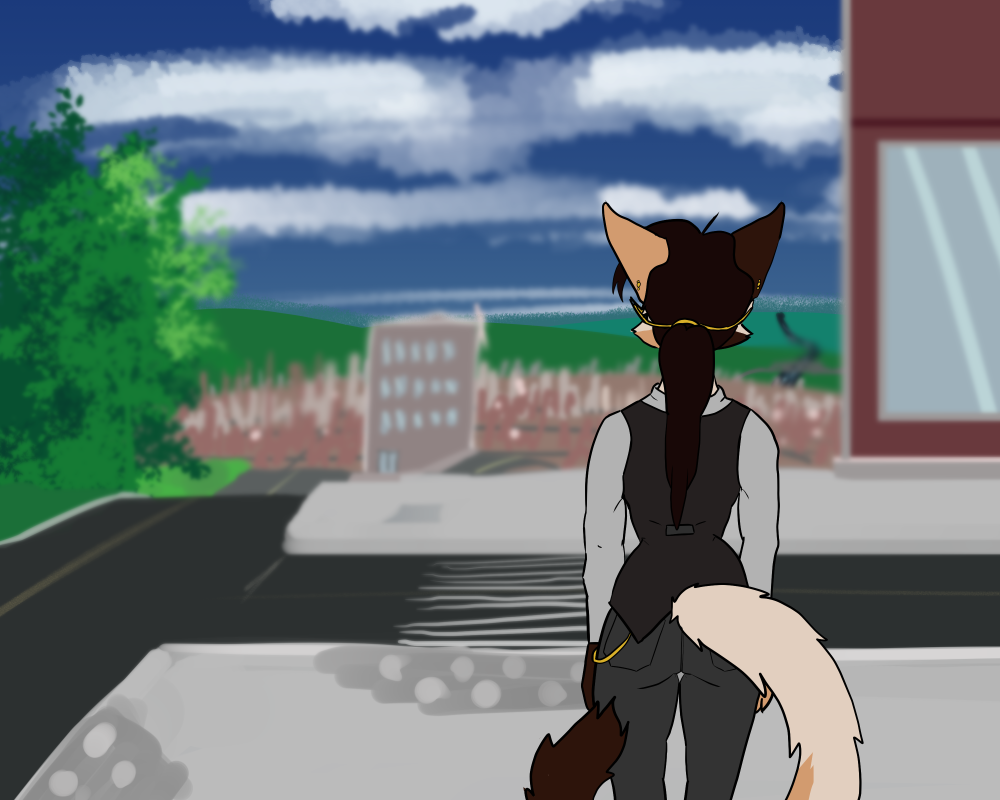 Animation. Jutse stands on a sidewalk atop a hill overlooking the cityscape below. Jutse, hearing his name, turns around to see who's speaking to him. Upon realizing who it is, he opens his mouth and screams.